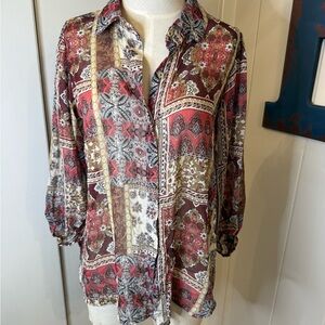 Haver London Patchwork  Button-Down Shirt in Red, Brown & White NWT Sz S